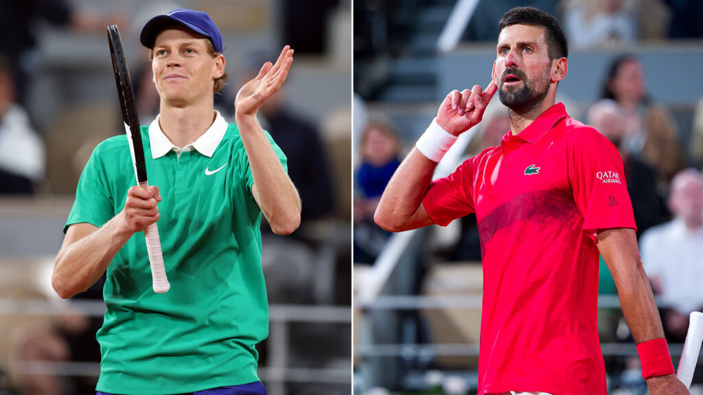 Jannik Sinner and Novak Djokovic prepare for their intense semifinal match at Roland Garros, showcasing their rivalry.